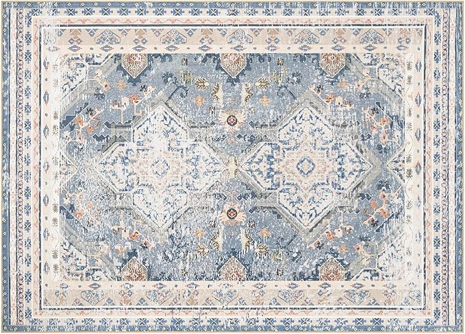 Phantoscope Washable Area Rug 5'x7' Non-Slip, Vintage Neutral Rugs for Living Room, Bedroom, Dining Room, Distressed Boho Geometric Medallion Pattern, Low-Pile Foldable Floor Carpet, Dusty Blue/Multi
