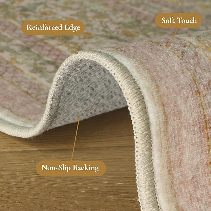 Bavni Vintage Floral Rugs 6x9, Washable Area Rug with Non Slip Backing, Low Pile for Living Room, Nursery,Bedroom & Home Decor, Lightweight Carpet, Brown Pink