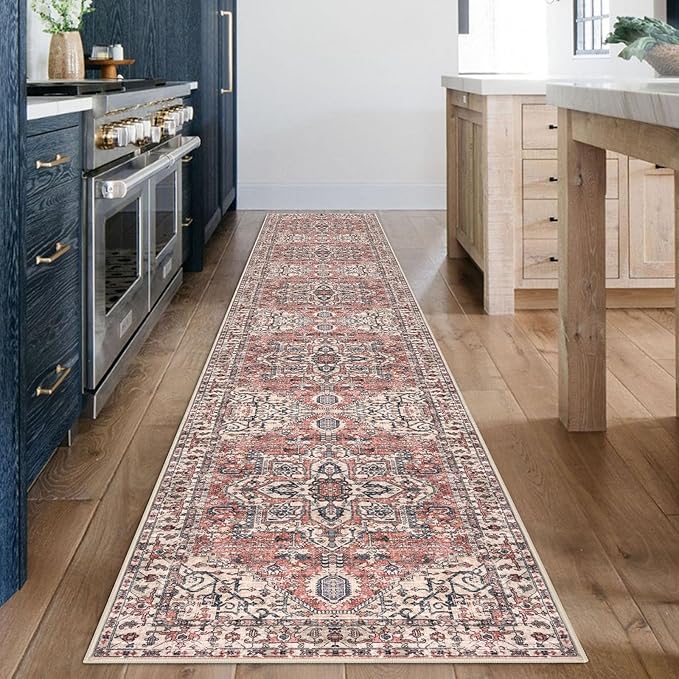 KOZYFLY Runners for Hallways 2x12 Ft Extra Long Washable Kitchen Runner Rug Boho Entryway Rug for Hallways Indoor Printed Faux Wool Stair Runner Carpet for Stairs Kitchen Hall, Terracotta/Beige