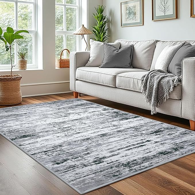 Modern Abstract 4x6 Living Room Washable Rug Non-Slip Soft Bedroom Area Rug Black Grey White Thin Print Faux Wool Floor Carpet Throw Rugs for Nursery Playroom Dining Room Indoor Home Decor