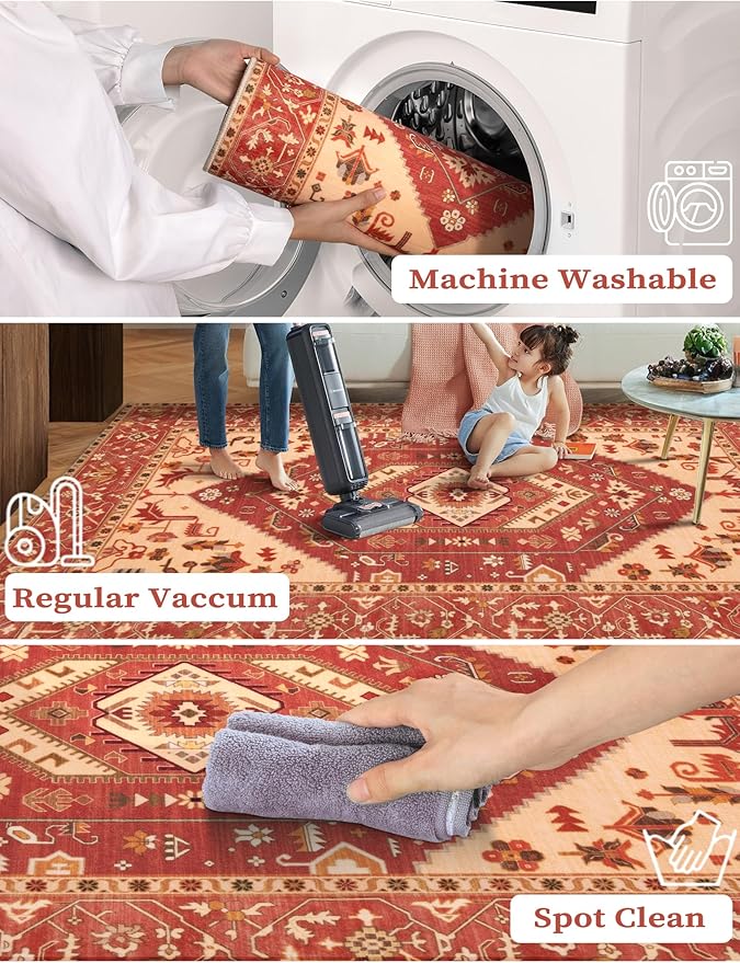 SERISSA Runner Rug for Hallways, 2'6"x10' Washable Non Slip Kitchen Runner Rug, Long Boho Rug Vintage Red Beige Hallway Stair Ultra Soft Print Floor Carpet for Bedroom Bathroom Laundry Room