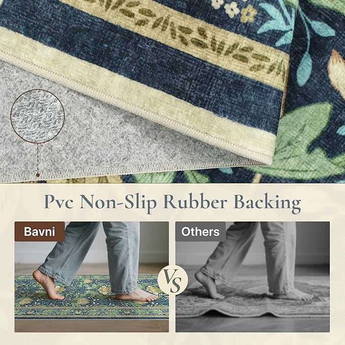 Bavni 2'6''x6 Runner Rug,Microfiber Washable Non-Slip Vintage Floral Rugs,Low Pile Lightweight Carpet for Bedroom,Hallway,Entryway,Kitchen,Bathroom, Tea Green/Blue