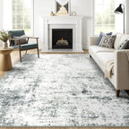 8x10 Machine Washable Area Rug for Living Room, Grey Modern Vintage Abstract Rug Large Non-Slip Low Pile Soft Faux Wool Carpet, Kids and Pets Friendly for Bedroom Dining Room Farmhouse Home Decor Rug
