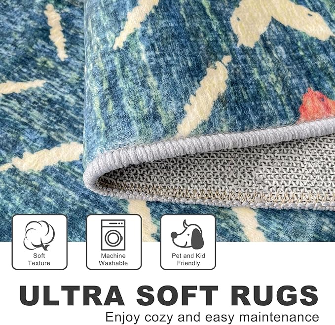 KILOCOCO Hallway Runner Rug 3x10 Runners for Hallways Washable Runner Soft Non Slip Printed Geometric Rubber Backed Low-Pile Rug Runners for Bedroom Kitchen Living Room Boho Rugs, Teal/Blue