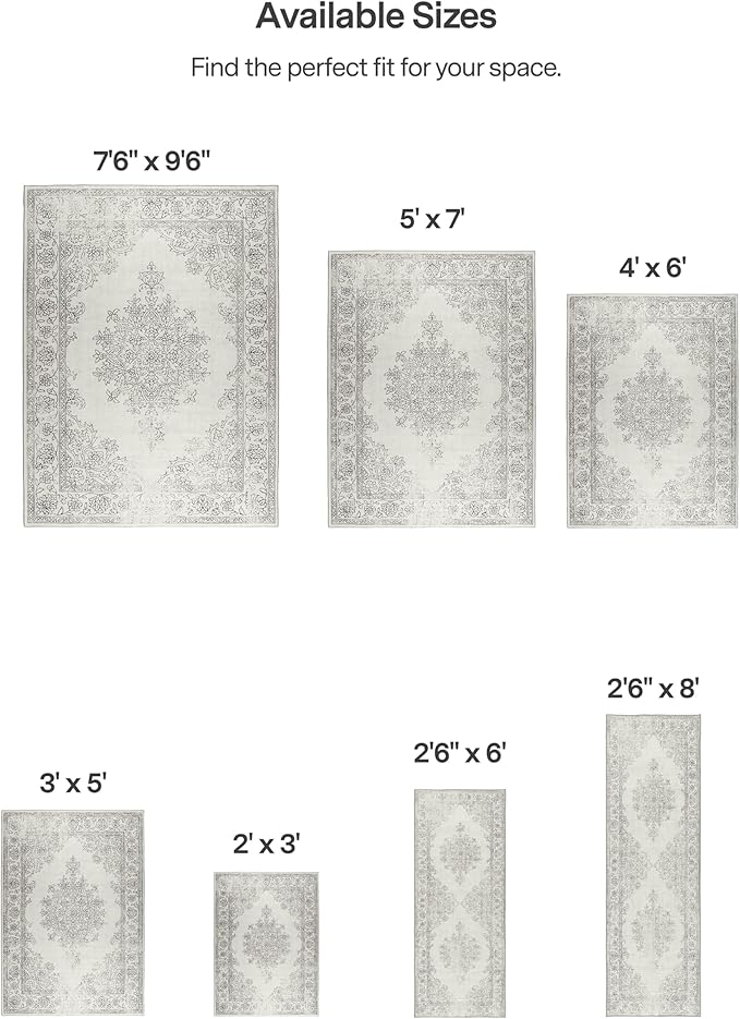 ReaLife Rugs Machine Washable Area Rug - Living Room Bedroom Bathroom Kitchen Entryway Office - Padded Low Pile Stain Resistant Premium - Boho Farmhouse Vintage - Paige - Ivory 5' x 7'