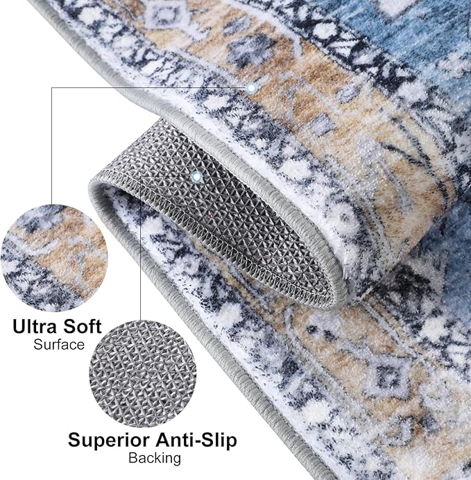 COMSLE Boho Runner Rug, 2 x 7 Ft Washable Area Rugs for Hallway Faux Wool Small Kitchen Distressed Throw Rug Non-Slip Laundry Room Carpet Runner for Entryway Indoor Door Mat Bedroom