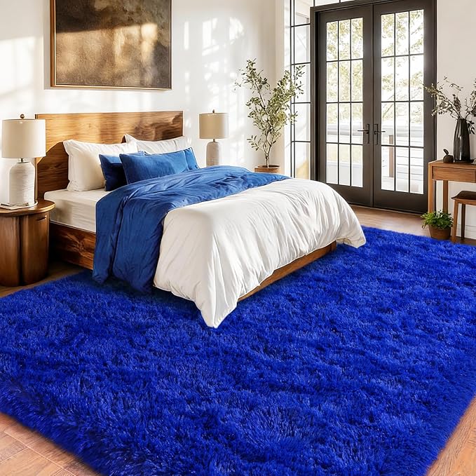Large Fuzzy Rug 8x10 Feet Blue Fluffy Rug for Living Room, Big Plush Non-Skid Shag Carpet, Soft Shaggy Rugs for Bedroom Indoor Modern Home Decor