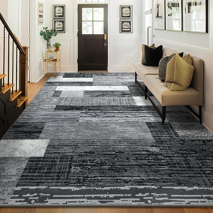 Large Area Rugs,Modern Geometric Patchwork Floor Decor for Bedroom Aesthetic Carpet, Rockwood Collection, Indoor Rugs for Living Room, Dining Room, Nursery, Office, Machine Washable Rug,8x10 Ft Grey