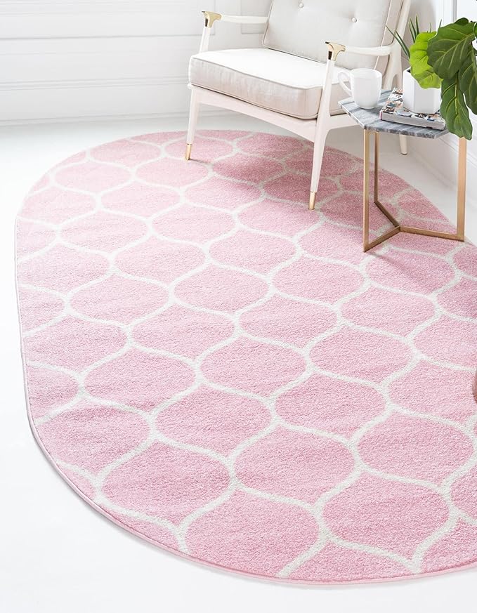 Rugs.com Lattice Frieze Collection Rug – 5' x 8' Oval Light Pink Medium Rug Perfect for Living Rooms, Large Dining Rooms, Open Floorplans