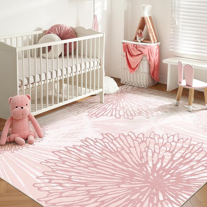 WITSHOCK Pink Rugs 5x7 for Bedroom Girls,Floral Modern Distress Print Pattern Carpet for Living Room Dining Room,Stain Resistant Anti Slip Backing Rugs for Kids Room Nursery Playroom,Light Pink
