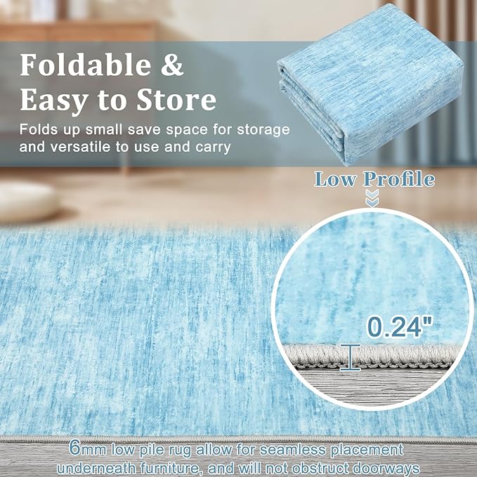 RUGSREAL Bedroom Area Rug 4x6 Modern Abstract Area Rug Stain Resistant Small Living Room Rug Contemporary Dining Room Rug Non-Slip Solid Rug Aesthetic Accent Floor Carpet for Kitchen Office, Blue