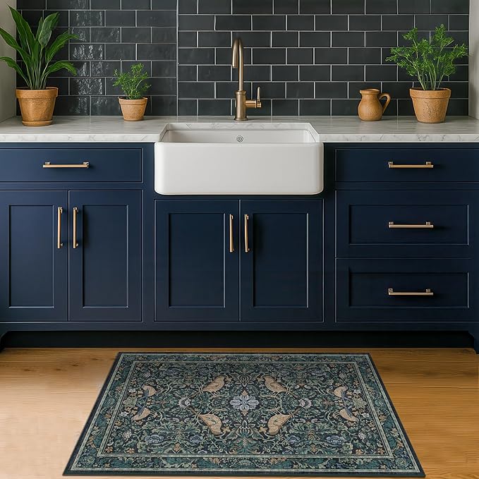 Washable Floral Small 2x4 Thin Door Mats for Inside Entry, Dark Blue Bird Non Slip Kitchen Rug, Low Pile Bathroom Rug, Traditional Carprt for Bedroom Besdide Bed