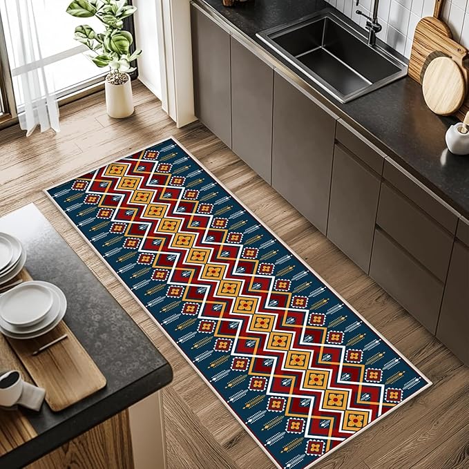 Dark Blue Runner Rug, 2x7ft Red Yello Diamond Hallway Decor Carpet, Corridor & Foyer Long Accent Rug, Entrance Non-Slip Mat Washable Rugs, Southwestern Stylish Home Decor Runner