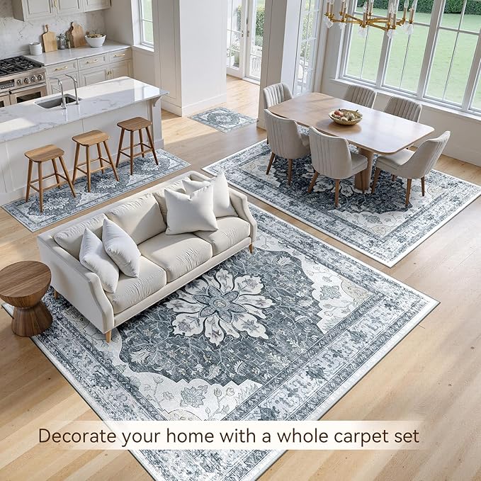 Area Rugs 2'x8' Washable Non-Slip, Floral Vintage Distress Print Pattern Medallion Carpet for Living Room Bedroom Dining Room, Light Gray Grey White