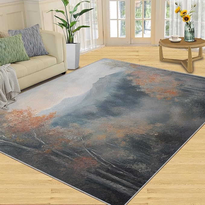 6x9 Autumn Forest Living Room Rug - Mountain Scenery Bedroom Carpet, Oriental Charm Classroom Rug for Carpet Boy Bedroom Office Nursery Hardwood Home Decor