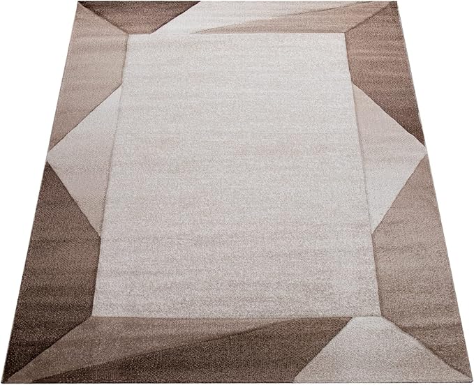 Paco Home Modern Area Rug Bordered with Geometric Pattern in Brown Beige with Contour Cut, Size: 6'7" x 9'6"