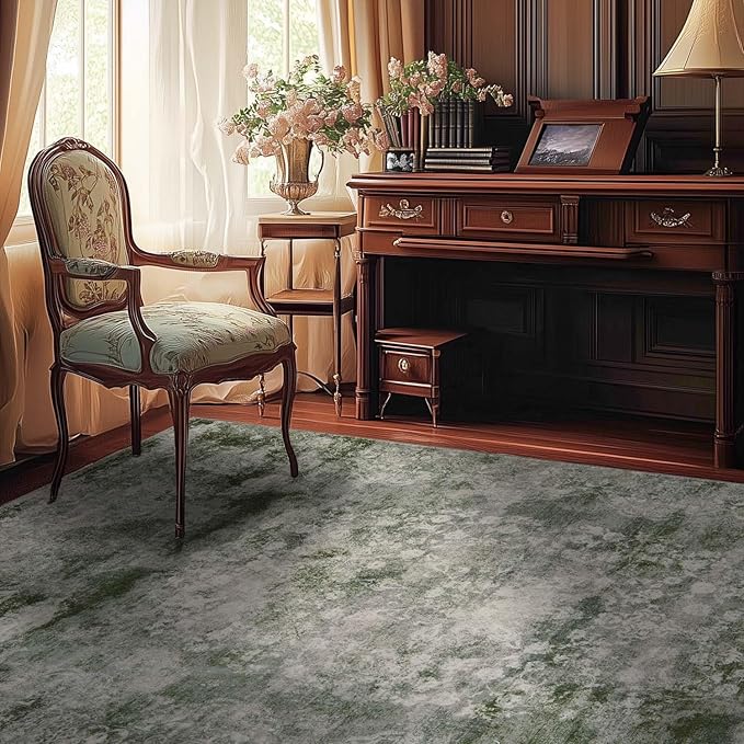jinchan Green 5x7 Area Rugs - Machine Washable Vintage Floral Distressed Design Soft Low-Pile Non-Slip Carpet for Bedroom Nursery Living Room Dining Room Home Office (5x7ft, Forest Green)