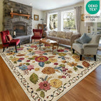 8x10 Machine Washable Area Rug for Living Room, Beige Vintage Boho Floral Rug Large Non-Slip Low Pile Soft Faux Wool Carpet, Kids and Pets Friendly for Bedroom Dining Room Farmhouse Home Decor Rug