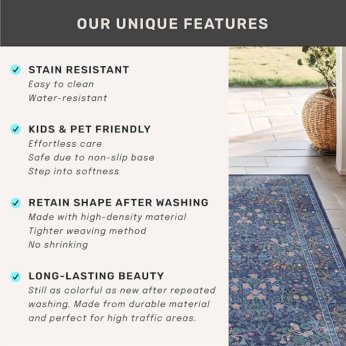 Non Slip 2x5 Dark Blue Entryway Runner Rug - Washable Small Throw Rugs for Bathroom, Bedroom, Laundry Room, Hallway, Kitchen Floor Mat, Dusky Navy Vintage Oriental Décor
