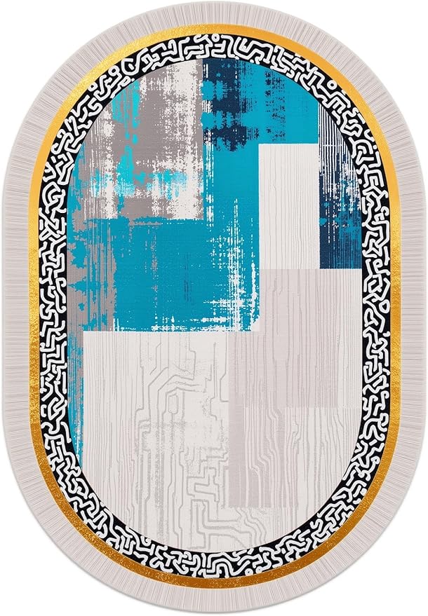 Vintage Luxury Grey Blue Gold Abstract Geometric Texture Oval Area Rug 2x3 for Living Room Bedroom Dining Room Minimalist Bordered Large Rugs Nursery Dorm Kitchen Entryway Soft Non Skid Floor Carpet