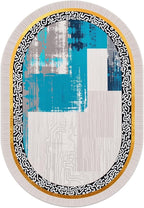 Vintage Luxury Grey Blue Gold Abstract Geometric Texture Oval Area Rug 7x9 for Living Room Bedroom Dining Room Minimalist Bordered Large Rugs Nursery Dorm Kitchen Entryway Soft Non Skid Floor Carpet