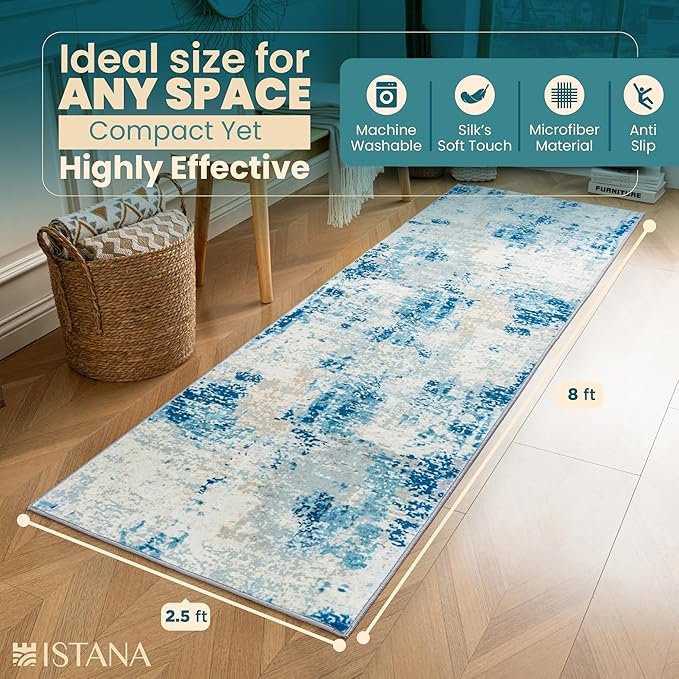 Istana Hallway Runner Rug 2.5x8 - Blue/Ivory Kitchen Rugs Non Slip Washable -Silk's Soft Touch Carpet Runner - Stylish Rugs for Home