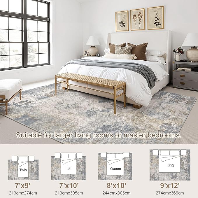 8x10 Area Rug Living Room Rugs - Washable Neutral Modern Abstract Soft Thin Large Rug Indoor Floor No Slip Rug Carpet for Bedroom Under Dining Table Home Office Decor - Blue Grey