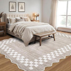 GarveeHome 4x6 Area Rug Small Washable Living Room Rug Scalloped Rug with Rubber Backing Stain Resistant Low Pile Dining Room Throw Carpet Modern Bordered Mat for Bedroom Kitchen, Fog