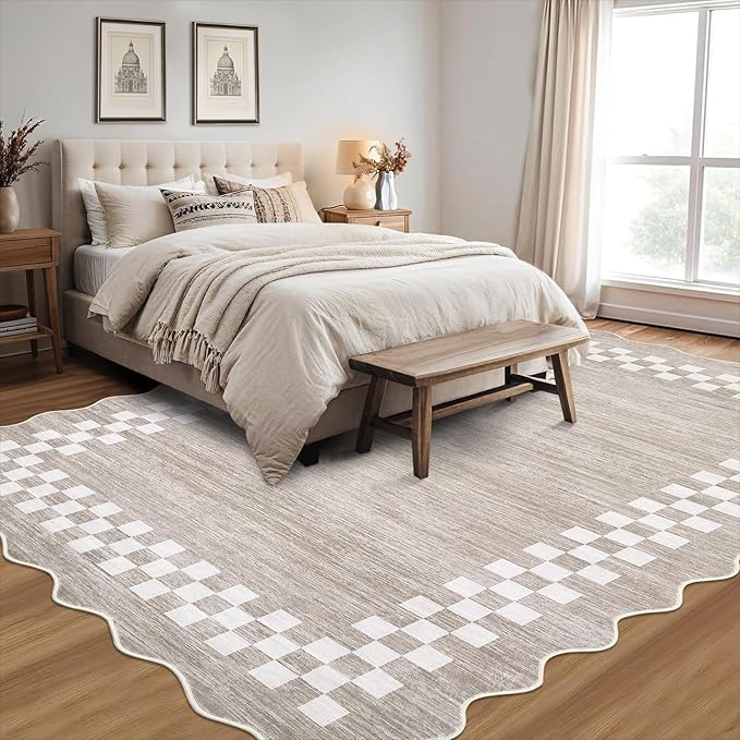 GarveeHome 8x10 Area Rug for Living Room Scalloped Washable Large Bedroom Rug Non Slip Stain Resistant Modern Border Dining Room Throw Carpet Scalloped Boho Rug for Home Decor Office Nursery, Fog