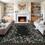 Wonnitar Washable 8x10 Rug, Non-Slip Soft Black Botanical Area Rugs for Living Room, Non-Shedding Large Bedroom Rug, Ultra-Thin Stain Resistant Floor Carpet for Dining Table (Black,8'x10')