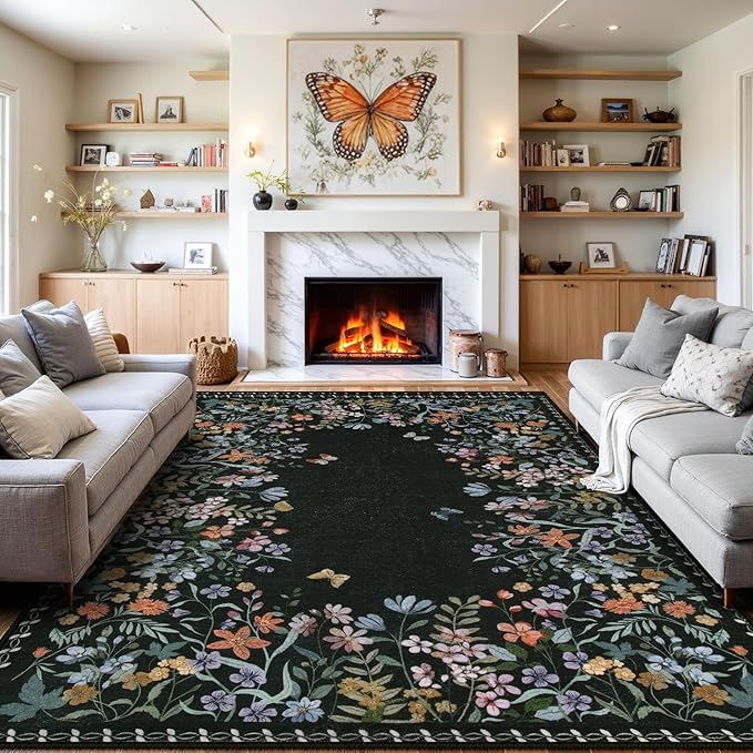 Wonnitar Washable 8x10 Rug, Non-Slip Soft Black Botanical Area Rugs for Living Room, Non-Shedding Large Bedroom Rug, Ultra-Thin Stain Resistant Floor Carpet for Dining Table (Black,8'x10')