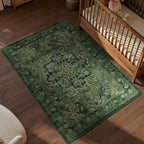 Dark Green Vintage Entryway Rug 3x5, Tranditional Medallion Distressed Throw Rug for Bedroom Bedside, Washable Non Slip Low Pile Small Area Rug for Living Room/Kitchen/Bathroom/Dorm/Closet