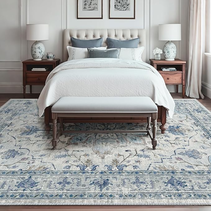 Area Rugs 6'x8' Washable Non-Slip, Floral Vintage Distress Print Pattern Medallion Carpet for Living Room Bedroom Dining Room, Light Blue Navy Beige Gray White