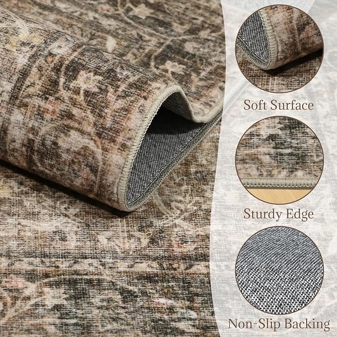 Washable Area Rugs 5'x7' Non-Slip Vintage Boho Distressed Fade Resistant Low Pile Carpet for High-Traffic Living Room, Bedroom & Dining Room