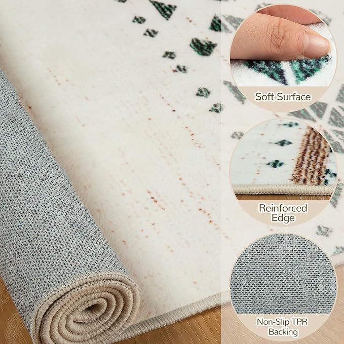 BESTSWEETIE 3x5 Area Rugs for Living Room Washable Moroccan Farmhouse Neutral Geometric Low Pile Non-Slip Soft Print Pattern Rug for Bedroom Kitchen Dining Room Entryway Green/Brown