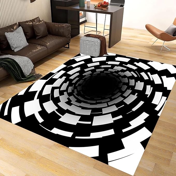 3D Illusion Swirl Area Rugs, 5x7ft, Modern Abstract Grid Black Hole Living Room Carpet, Geometric Black White Check Washable Carpets, Ultra Soft Cozy Shed Resistant Mat for Indoor