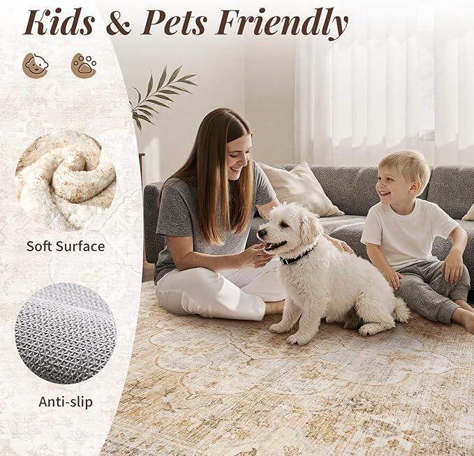 tchdio 3x5 Bedroom Area Rug, Non Slip Washable Entryway Rug Indoor, Soft Low Pile Vintage Door Mat, Stain Resistant Rug for Entrance, Bedside, Dining Room (Beige, 3'x5')