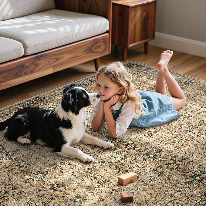 Moynesa Brown 8x10 Area Rugs for Living Room, Vintage Boho Washable Area Rug for Bedroom Dining Room Office, Low Pile Soft Non-Slip Retro Carpets for Kitchen Indoor Nursery