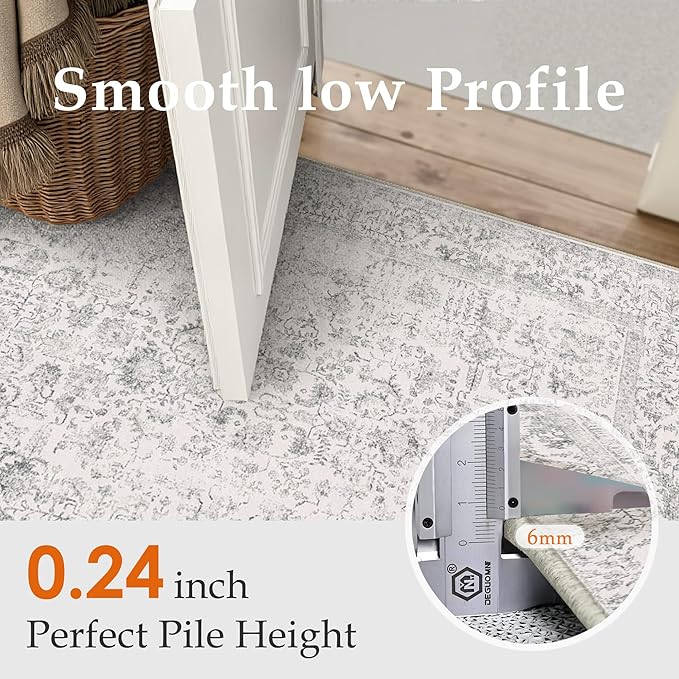 Gray Runner Rug 3x10 Hallway Machine Washable Kitchen Vintage Distressed Non Slip Long Carpet Indoor Grey Retro Floral Bedroom Accent Throw Rug for Bathroom Office Laundry Dining Living Room