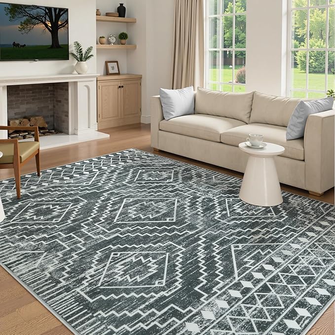 Wonnitar Moroccan 8x10 Area Rugs for Living Room, Washable Large Grey Rug for Bedroom, Non-Slip Soft Thin Stain Resistant Boho Tribal Floor Carpet for Dining Guest Room Office (Dark Grey,8'x10')
