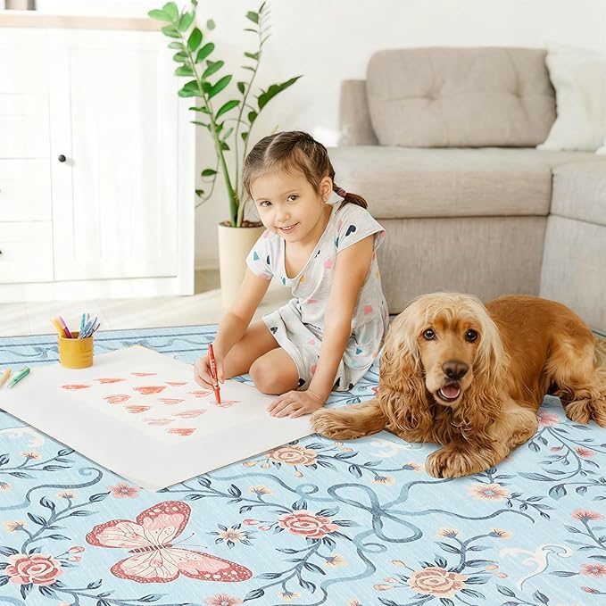 GarveeHome 3x5 Small Area Rug for Bedroom Floral Washable Rugs Non Slip Stain Resistant Living Room Throw Carpet Low Pile Dining Room Blue Area Rug Butterfly Bow Rugs for Nursery Home Decor, 3x5