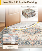 Area Rugs 3'x5' Washable Non-Slip, Floral Vintage Distress Print Pattern Medallion Carpet for Living Room Bedroom Dining Room, Beige Navy Blue Orange Colorful