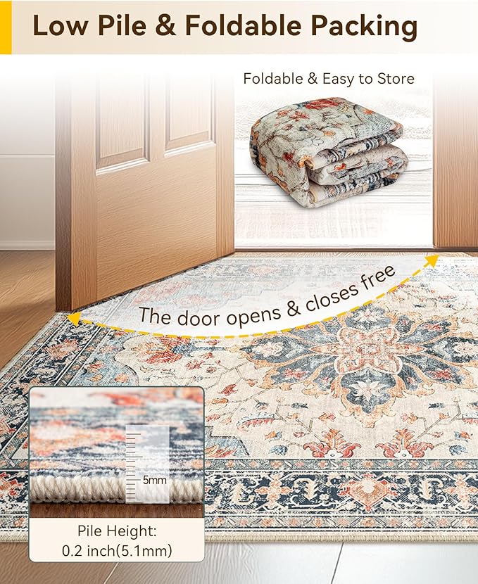 Area Rugs 4ft Washable Non-Slip, Floral Vintage Distress Print Pattern Medallion Carpet for Living Room Bedroom Dining Room, Beige Navy Blue Orange Colorful