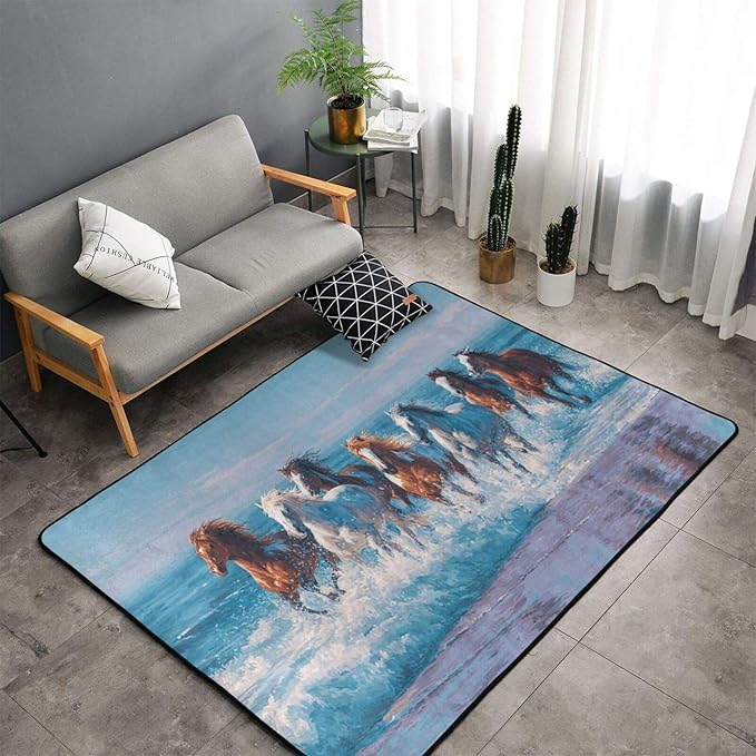 Horse Run Gallop in Waves Ocean Area Rug Washable Outdoor Rugs Anti-Slip Soft Carpet Entryway Indoor Door Mat for Bedroom,Living Room,Porch,Terrace and Entrance Decor 6'x 4'