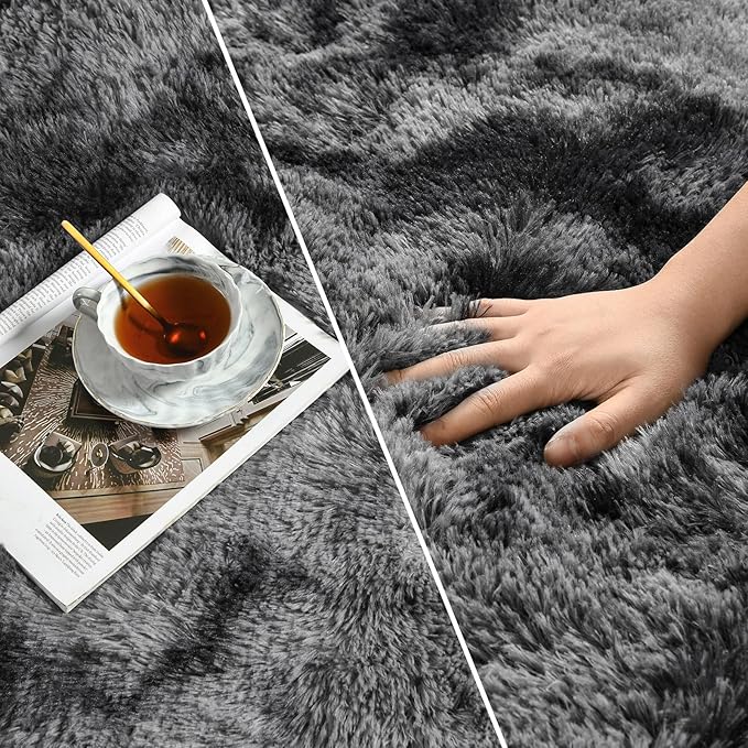 Large Shag Area Rugs 10 x 14, Tie-Dyed Plush Fuzzy Rugs for Living Room, Ultra Soft Fluffy Furry Rug for Bedroom, Anti-Skid Indoor Carpet Nursery Rugs for Kids Room Home Decor, Dark Grey