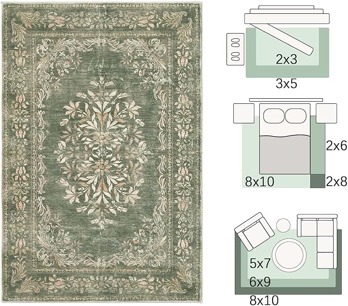 jinchan Green Floral 5x7 Area Rugs for Living Room - Machine Washable Distressed Vintage Design Soft Low-Pile Non-Slip Carpet for Dining Room Bedroom Home Office Nursery (5x7ft,Dark Green)