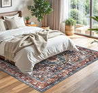 KOZYFLY Boho Area Rug 5x7 Ft Thin Rugs for Living Room Washable Bedroom Rug Non Slip Rugs Printed Faux Wool Vintage Bedroom Rug Floor Carpet for Dining Room Living Room, Brick Red/Orange/Green