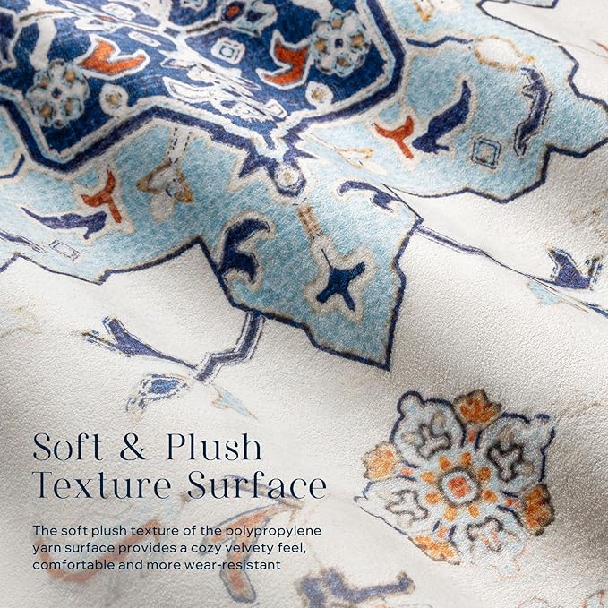 Phantoscope Washable Area Rug 4'x6' Non-Slip, Vintage Boho Rugs for Living Room, Bedroom, Dining Room, Medallion Persian Symmetrical Pattern, Low-Pile Foldable Floor Carpet, vory Blue/Orange