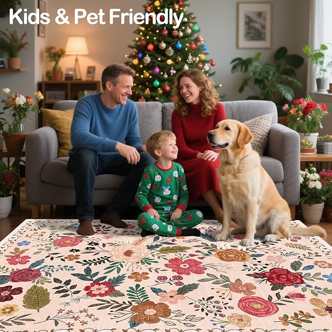 8x10 Area Rugs for Living Room Clearance Washable Boho Area Rug, Vintage Floral Non Slip Low Pile Large Rug for Living Room, Bedroom, Dining Room, Farmhouse (8 x 10 Beige Red)