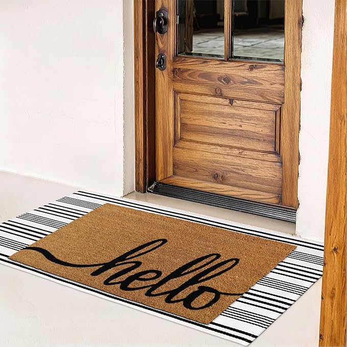 Outdoor Rug Front Door Mat 2'x4.3', Cotton Indoor Doormat Washable Black and White Striped Rug, Foldable Reversible Layered Door Mats for Entryway/Farmhouse/Home Entrance